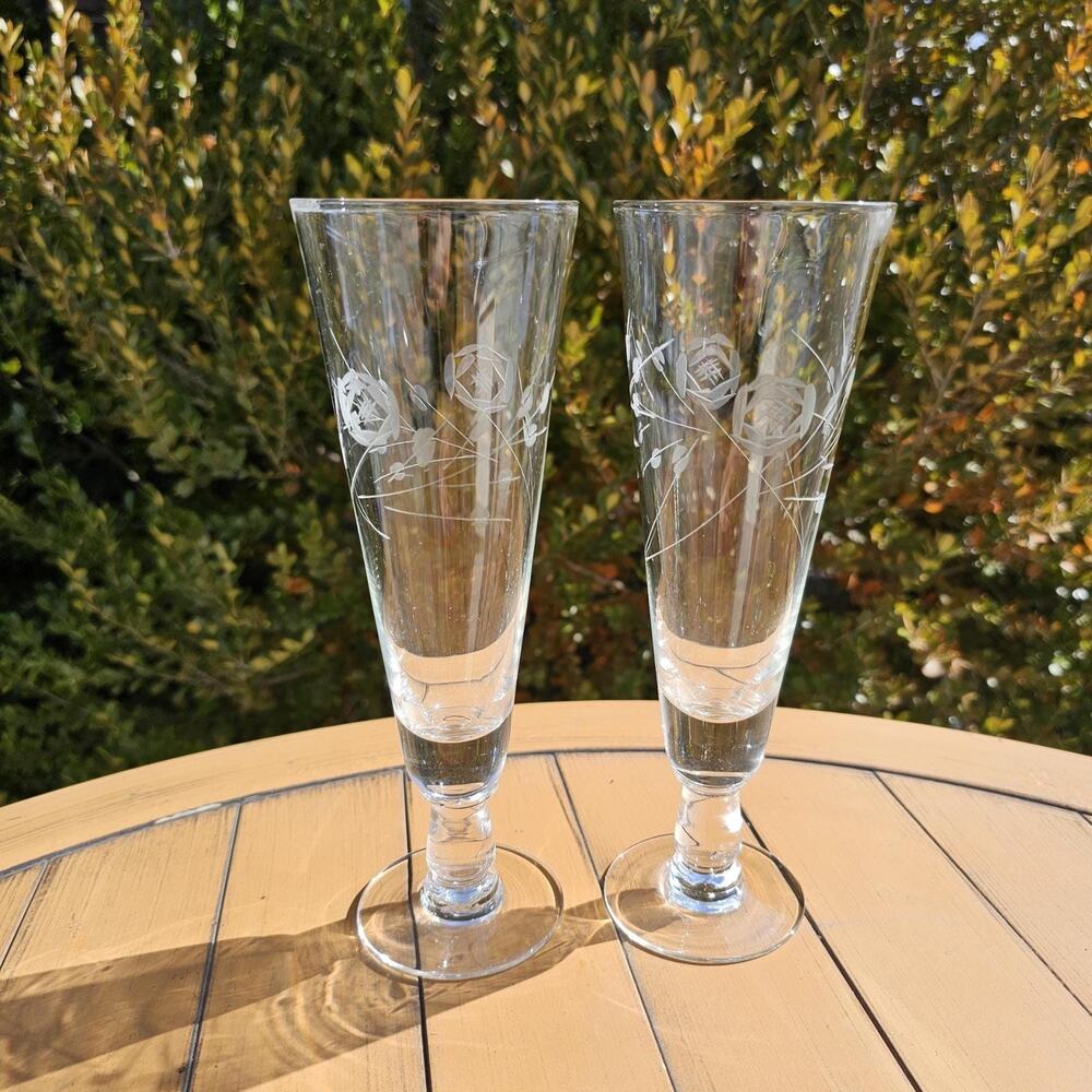 Vintage Set of 2 Etched Rose Clear Glass Pilsner Glasses